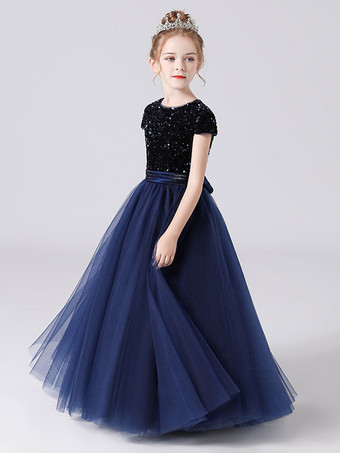 ダークネイビーピンクのフラワーガールのドレスジュエルネックチュール半袖床の長さAラインサッシキッズソーシャルパーティードレス