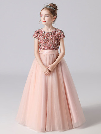Pink Flower Girl Dresses Jewel Neck Tulle Short Sleeves Floor Length A Line Sash Kids Social Party Dresses