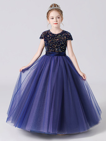 インクブルーピンクのフラワーガールのドレスジュエルネックチュール半袖床の長さAラインサッシキッズソーシャルパーティードレス
