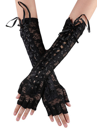 女性用手袋レースアップレースブラックロンググローブ