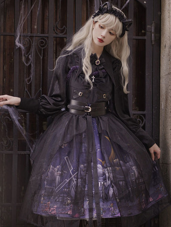 Gothic Lolita JSK Dress 3-Piece Set Polyester Cummerbund Cover-Up Jumper Black Lolita Jumper Skirt