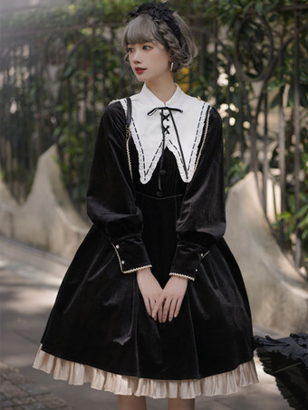 Vestido de Lolita Conjunto de 2 piezas Accesorio de poliéster Mangas largas Volantes Falda de jersey de Lolita negra