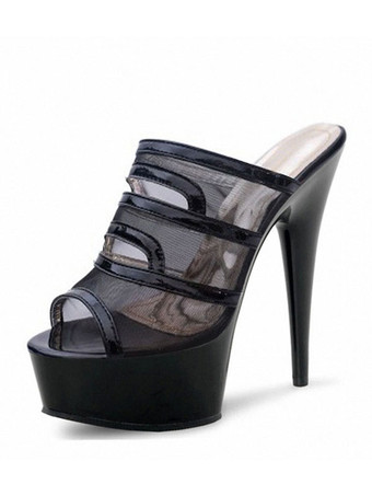 ブラック 女性のためのハイヒールのセクシーなサンダルシルバーPUレザーのぞき見つま先のスリップオンスティレットヒールミュール ポールダンスシューズ