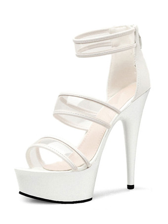 ホワイト 女性のための女性のセクシーなサンダルブラックPUレザーのぞき見つま先スチレットヒールアンクルストラップヒール