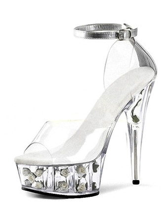 ホワイト 女性セクシーなハイヒールサンダルレッドPUレザーのぞき見つま先スチレットヒールアンクルストラップヒール ポールダンスシューズ