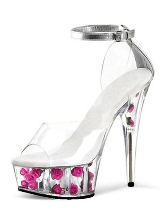 ローズレッド女性セクシーなハイヒールサンダルレッドPUレザーのぞき見つま先スチレットヒールアンクルストラップヒール ポールダンスシューズ