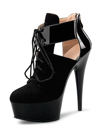 女性セクシーブーツのぞき見つま先Tタイプ包帯バックルアートワークスティレットヒールブラックボールサイハイブーツ