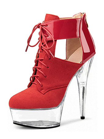 レッド 女性セクシーブーツのぞき見つま先Tタイプ包帯バックルアートワークスティレットヒールブラックボールサイハイブーツ