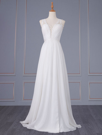 Robe de mariée simple ivoire col V jupe fendue dos transparent robe de mariage au sol
