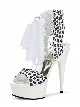 Black Pole Dance Shoes Women Sexy Boots Yellow Leopard Print PU Leather Peep Toe Stiletto Heel Lace Up Heeled Sandals