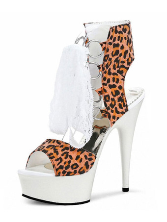Orange Pole Dance Shoes Women Sexy Boots Yellow Leopard Print PU Leather Peep Toe Stiletto Heel Lace Up Heeled Sandals
