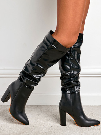 レディースブーツブラックチャンキーヒールポインテッドトゥマーティンブーツニーハイブーツ