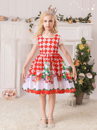 クリスマスのパーティードレスレッドポリエステル繊維格子縞のパターン花柄のクリスマスホリデー衣装ドレス