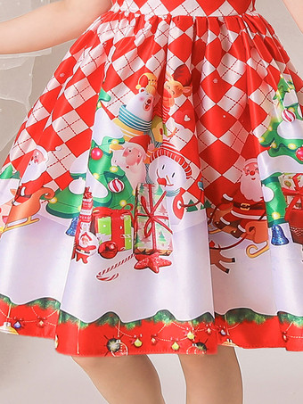 クリスマスのパーティードレスレッドポリエステル繊維格子縞のパターン花柄のクリスマスホリデー衣装ドレス