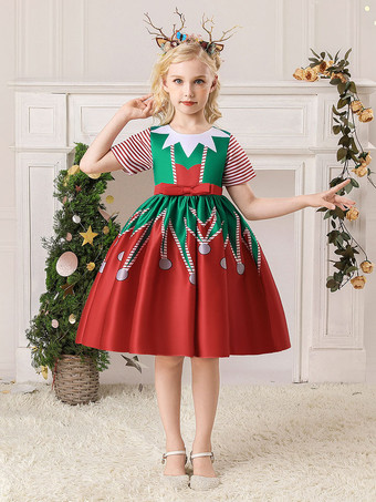 レッド クリスマスレッドポリエステルポリエステルフローラルプリントクリスマスホリデー衣装ドレスのパーティードレス