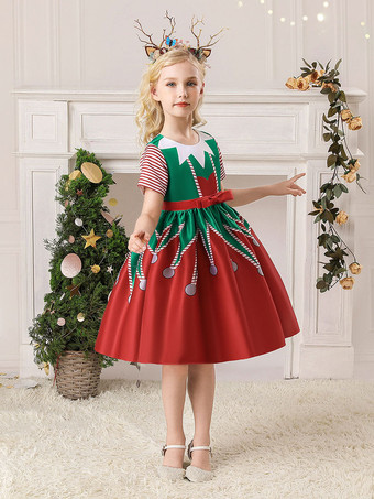 クリスマスレッドポリエステルポリエステルフローラルプリントクリスマスホリデー衣装ドレスのパーティードレス