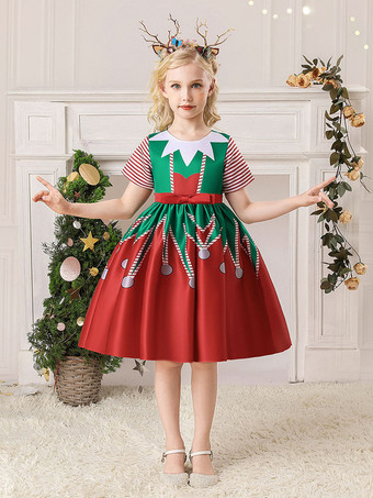 クリスマスレッドポリエステルポリエステルフローラルプリントクリスマスホリデー衣装ドレスのパーティードレス