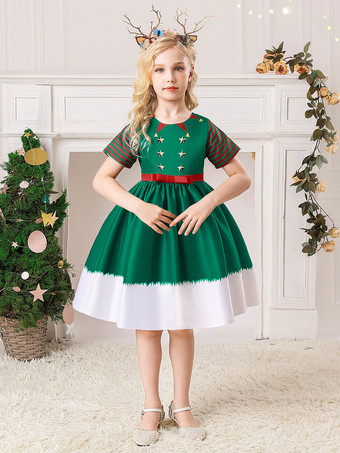 ダークグリーンクリスマスのパーティードレスダークグリーンポリエステルファイバー花柄のプリントクリスマスホリデー衣装ドレス