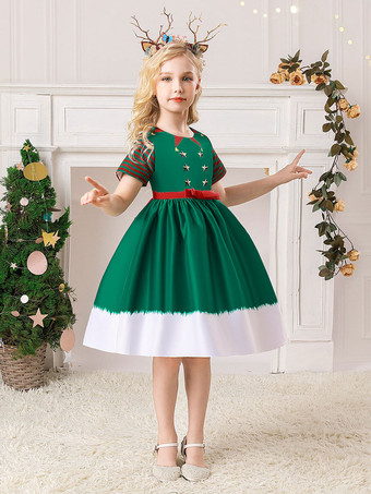 クリスマスのパーティードレスダークグリーンポリエステルファイバー花柄のプリントクリスマスホリデー衣装ドレス