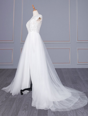 Vestido de novia blanco simple Encaje fuera del hombro Mangas cortas Encaje Una línea Vestidos de novia