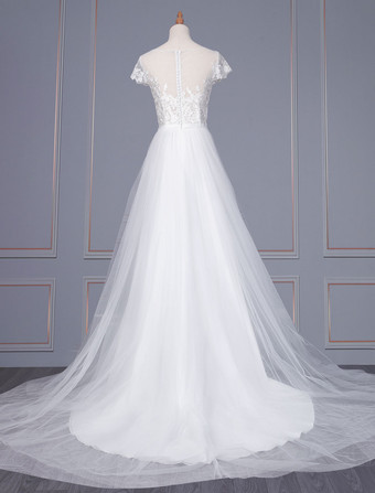 Vestido de novia blanco simple Encaje fuera del hombro Mangas cortas Encaje Una línea Vestidos de novia