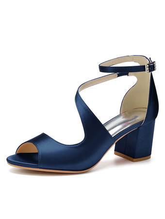 ディープブルーレディースヒールパピーヒールグラディエーターPUレザーサテンローズレッドアンクルストラップヒール