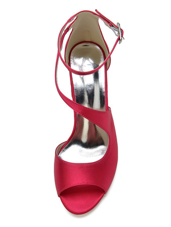 レディースヒールパピーヒールグラディエーターPUレザーサテンローズレッドアンクルストラップヒール