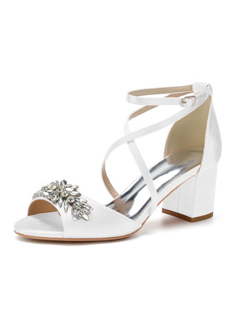 ホワイト レディースヒールパピーヒールサテンオープントゥストラップ調節可能なアンクルストラップヒールサンダル