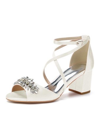 アイボリー レディースヒールパピーヒールサテンオープントゥストラップ調節可能なアンクルストラップヒールサンダル