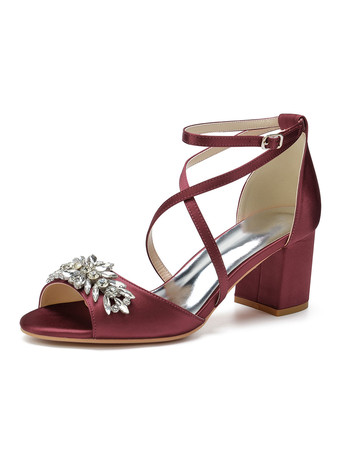 ワインレッド レディースヒールパピーヒールサテンオープントゥストラップ調節可能なアンクルストラップヒールサンダル