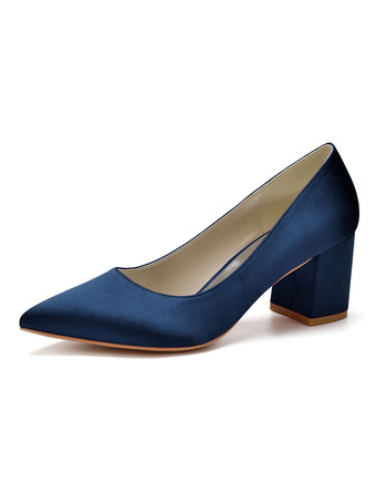 ディープブルーレディースヒールパピーヒールハンドメイドサンダルサテンPUレザーブルゴーニュパンプス