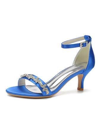 ブルー 女性のかかとゴブレットヒール手作りサンダルサテンロートップスホワイトアンクルストラップヒール