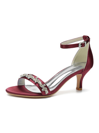 ワインレッド 女性のかかとゴブレットヒール手作りサンダルサテンロートップスホワイトアンクルストラップヒール