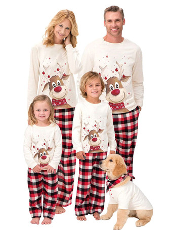 Família Natal pijama poliéster floral cópia vermelha calça xadrez blusa branco conjunto de 2 peças