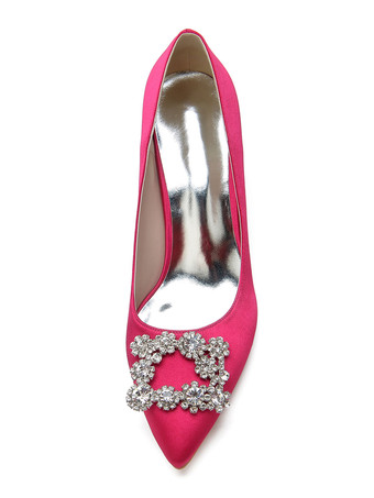 女性パンプスパピーヒールポインテッドトゥサテンロートップスバーガンディヒール