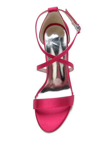 女性ヒールサンダル子犬ヒール先のとがったつま先サテンローズレッドアンクルストラップヒール