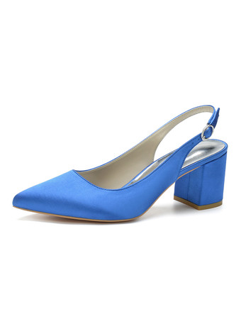 Blue Women's Block Heel Slingback Pumps Pointy Toe