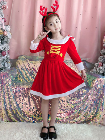 クリスマスレッドポリエステルファイバークリスマスホリデーパーティードレスのキッズチュニックドレス