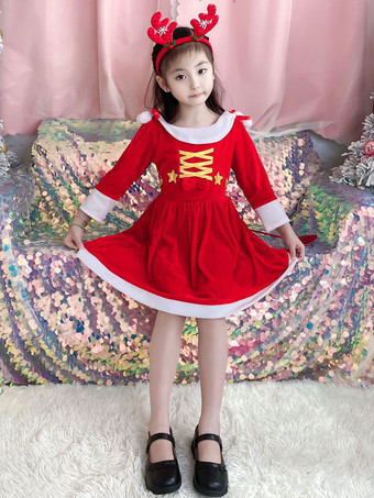クリスマスレッドポリエステルファイバークリスマスホリデーパーティードレスのキッズチュニックドレス