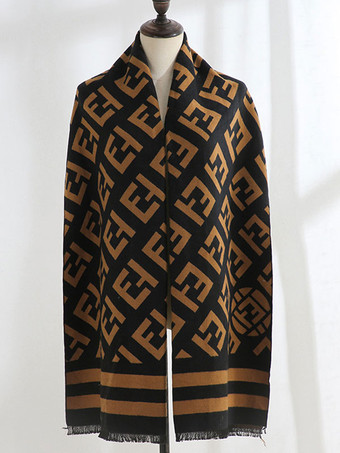 女性用スカーフストライプフリンジウールブラックスカーフ