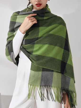 女性のスカーフチャーミングなチェック柄パターンフリンジポリエステルファイバーピンクのスカーフ