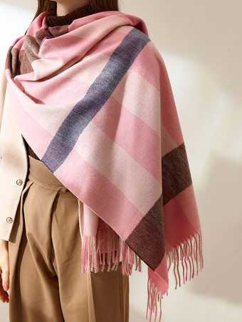Женский шарф Очаровательный плед с бахромой из полиэфирного волокна Розовый шарф