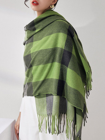 グリーン 女性のスカーフチャーミングなチェック柄パターンフリンジポリエステルファイバーピンクのスカーフ