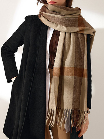 ブラウン 女性のスカーフチャーミングなチェック柄パターンフリンジポリエステルファイバーピンクのスカーフ