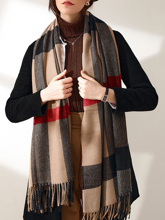 カーキ 女性のスカーフチャーミングなチェック柄パターンフリンジポリエステルファイバーピンクのスカーフ