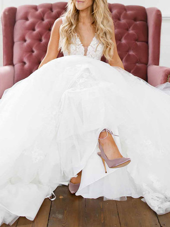 ホワイトのシンプルなレースのウェディングドレス Vネック ノースリーブ バックレス Aライン ブライダルドレス 無料カスタマイズ