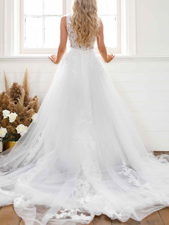 ホワイトのシンプルなレースのウェディングドレス Vネック ノースリーブ バックレス Aライン ブライダルドレス 無料カスタマイズ