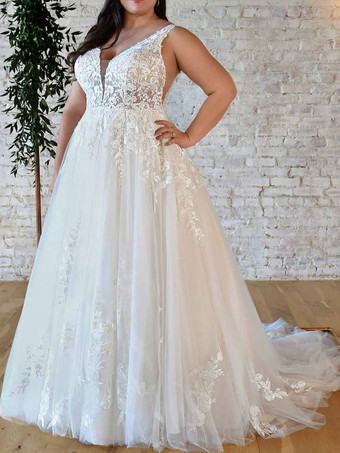 White Simple Wedding Dress A-Line V-Neckline Sleeveless Backless Lace Bridal Gowns Free Customization