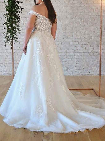 Vestido de novia blanco simple Poliéster Cuello barco Sin mangas Sin espalda Encaje Una línea Vestidos de novia