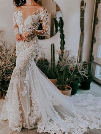 Short Wedding Dress 2024 Jewel Neck Long Sleeves A-Line Lace Short Bridal  Dresses Free Customization - Milanoo.com